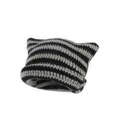 a black and white knitted hat on a white background