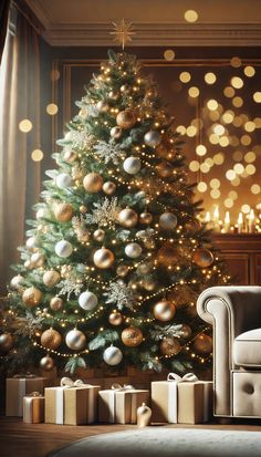 a christmas tree with gold and silver ornaments