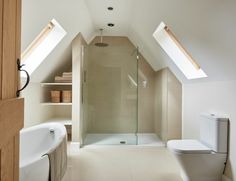 an attic bathroom with skylights and a toilet