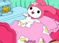 a cartoon character laying in bed next to a stuffed animal