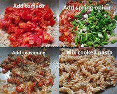 four different types of food are shown in the pictures, including tomatoes, pasta and seasonings