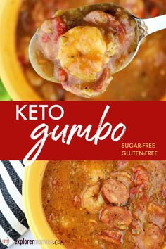 keto gumbo soup in a yellow bowl with a spoon full of gumbo