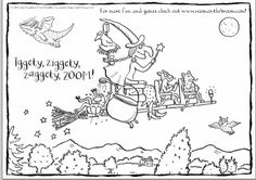 a black and white drawing of a witch flying through the sky with her broom in hand