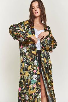 Maxi Kimono Cardigan Maxi Kimono, Kimono Cardigan, Printed Maxi, Tropical Print, Long Cardigan, Body Shapes, Wardrobe, Fabric