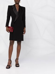 Saint Laurent double-breasted Tailored Dress - Farfetch Tailored Blazer Dress With Notch Lapel For Cocktail, Tailored Notch Lapel Blazer Dress For Cocktail, Elegant Notch Lapel Blazer Dress For Cocktail, Black Notch Lapel Dress For Business, Evening Blazer Dress With Structured Boning, Black Notch Lapel Business Dress, Tailored Tuxedo Blazer Dress For Evening, Luxury Evening Blazer Dress With Lapel Collar, Elegant Double-breasted Tuxedo For Office