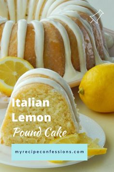 there is a lemon pound cake with icing on the plate next to some lemons