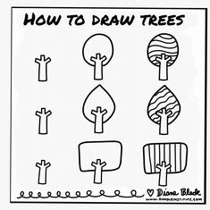 how to draw trees with different shapes and sizes for children's art projects, such as