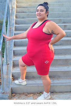 Plus Size Bike Shorts Pocket Bodysuit in Cherry Red Plus Size Bodysuit, Lifting Weights, Compression Fabric, One Piece Bodysuit, Pocket Leggings, Squat Proof, Complete Outfits, At The Gym, Active Wear Leggings