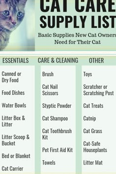 the cat care supply list is shown