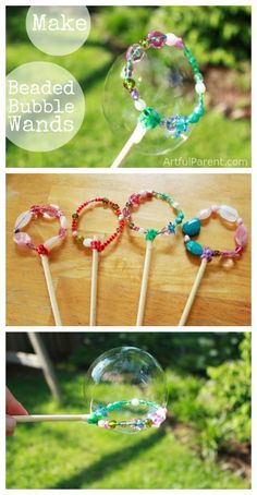 four pictures showing how to make beaded bubble wands