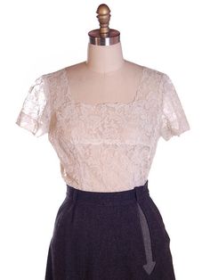 Vintage Nylon Ivory Lace Blouse  Re-Embroidered 1940S 38" Bust Provenance Sonja Loew Fitted Scalloped Lace Short Sleeve Top, Fitted Lace Top With Short Sleeves, Fitted Lace Patchwork Top With Short Sleeves, Elegant Fitted Lace Top With Short Sleeves, Elegant Fitted Short Sleeve Lace Top, Formal Short Sleeve Lace Top, Fitted Short Sleeve Lace Top With Lace Work, Fitted Short Sleeve Lace Top, Beige Lace Top With Short Sleeves