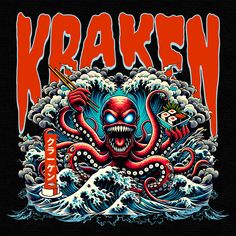 an octopus with the word kraken on it's chest and head in front of