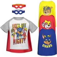 three children's t - shirts with masks on the front and back, all in different colors