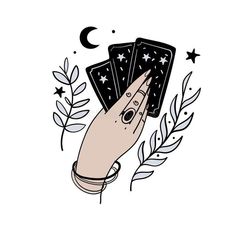 a hand holding playing cards with stars and leaves around it on a white background royalty illustration