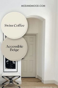 there are two circular signs on the wall in this room that say, swiss coffee and accessible fridge