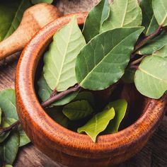 a wooden bowl filled with green leaves on top of a wooden table next to a leafy plant