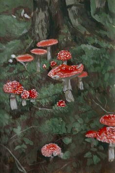 a painting of red mushrooms in the woods