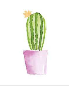 a watercolor painting of a cactus in a pink pot with a yellow flower on top