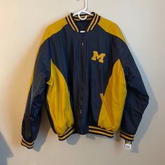 Nwt Vintage Deadstock Steve & Barry’s Michigan Wolverines Faux Leather Letterman Varsity Bomber Jacket Size Xl New With Tag Shell: 94% Polyvinyl Chloride, 6% Polyurethane Filing: 100% Polyester Lining: 100% Polyester Made In China Rn 98572 Brand Label Says Property Of Athletic Dept. Steve & Barry’s Quality Apparel Outfitters Reg. Brand No. 670505 University Of Michigan Athletic Dept. / Uofm / U Of M / Michigan / Wolverines / The Victors / Let’s Go Blue Yellow Varsity Winter Outerwear, Yellow Varsity Outerwear For Winter, Casual Yellow Outerwear For College, Yellow Varsity Jacket For College In Fall, Yellow Varsity Long Sleeve Outerwear, Yellow Long Sleeve Varsity Outerwear, Yellow Varsity Outerwear For College, Varsity Jacket Outfit, U Of M