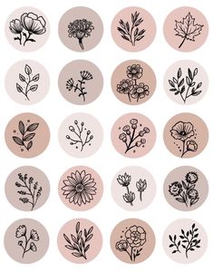 various flowers and leaves drawn in black ink on a pink circle with the words, i love