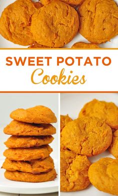 sweet potato cookies on a white plate with text overlay that reads the sweet potato cookies