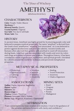 Crystal Properties Witchcraft, Amethyst Magical Properties, Cleansing Amethyst Crystal, Facts About Crystals, Amathis Stone Meaning, Amythest Crystals Meanings, Amethyst Meaning Crystals, Crystals And Gemstones Meanings, Crystals And Meanings