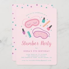 a pink birthday party card with an image of a sleeping mask and makeup on it