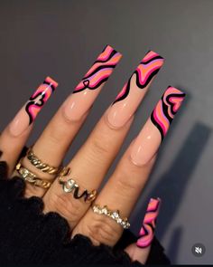 Nails Multicolor, Press On Acrylic Nails, Tapered Square Nails, Nail Decor, Colored Acrylic Nails, Girly Acrylic Nails, Dope Nail Designs, Fall Acrylic Nails, Black Nail Designs