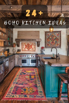 the kitchen is decorated with colorful rugs and wooden cabinets, along with an area rug