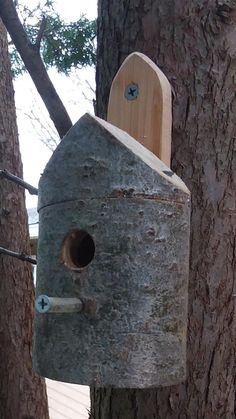 a bird house hanging from the side of a tree