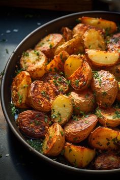 a pan filled with cooked potatoes covered in parsley