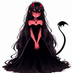 an anime character with long black hair and horns on her head, sitting in front of a