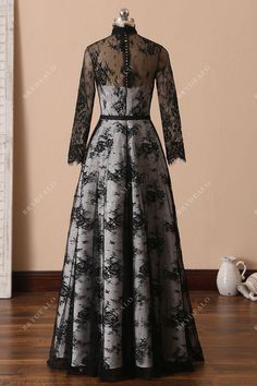 Unique, vintage and utterly trendy, this floor length Unique Black Lace Overlaid Gothic A-line Unconventional Bridal Dress is made from beautiful black floral lace overlaid light ivory satin inner. Featuring high neckline, sheer long sleeves, delicate scalloped lace trim and front slit on the A-line skirt, this amazing gown is your bridal match made in heaven! shown color two-tone (black/light ivory) bra support yes boning yes closure back buttons + zipper lining partially lined * Color options Black Lace Overlay Dress, Party Dress Inspiration, White Satin Dress, Floor Length Wedding Dress, Inspiration Images, Soiree Dress, Lace Overlay Dress, Black Wedding Dresses, Wedding Dresses Unique