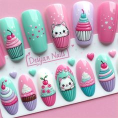 #kitten  #nails   #cute  #summer_nails Squishmellow Nails, Kitten Nails, Dessert Nails, Pastel Goth Nails, Cat Nail Designs, Birthday Nail Art, Birthday Nail Designs, Kids Nail Designs