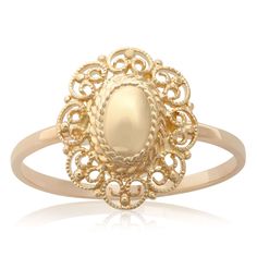 A double halo of twisted wire detailing encompasses a high polished oval dome as beaded scroll openwork adds a frame with vintage allure and timeless style. Dome Ring, Double Halo, Twisted Wire, Domed Ring, Ring Fit, Perfect Engagement Ring, Gold Collection, Ring Size Guide, A Frame