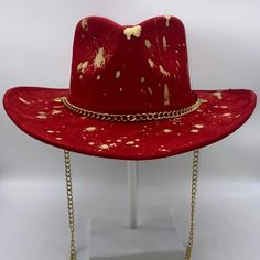 “Biz” Red Suede Rancher Hat By Www.Thechapeauholic.Com Follow Me On Ig @Thechapeauholic Hand Painted Gold Chain Signature Feather 3.5 Inch Brim/4 Inch Crown Medium 57cm-59cm Elastic Sweatband Red Flat Brim Hat For Fall, Red Short Brim Hat For Fall, Red Fedora With Flat Brim, Red Western Hat For Fall, Red Curved Brim Felt Hat For Festivals, Red Felt Hat With Curved Brim For Festivals, Red Wide Brim Fedora For Rodeo, Red Short Brim Top Hat For Fall, Red Fedora With Curved Brim For Rodeo