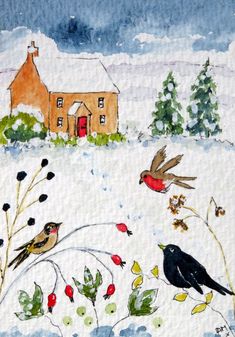 a painting of two birds on a snowy day with a house in the background and trees