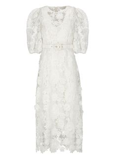 Delicate lace dress from Zimmermann highlights intricate floral designs, complemented by a crew neck and 3/4 puff sleeves. A matching belt enhances the waist, while a rear zip allows for effortless dressing. Ideal for romantic occasions and elegant evenings.

- Composition: 100% Cotton  
- Care: Dry clean only Zimmermann White Lace Dress, Zimmermann Dress, Dress Crafts, Lace Flowers, Lace White Dress, Party Dresses For Women, Flower Dresses, Womens Maxi Dresses, Missoni