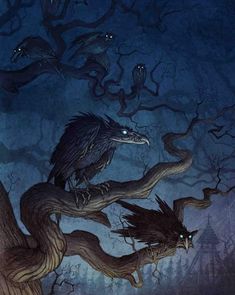 two crows sitting on top of a tree branch in the woods at night with glowing eyes