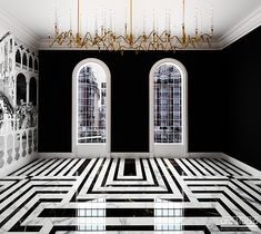 an empty room with black and white flooring, chandelier and two windows