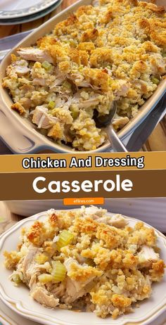 chicken and dressing casserole is shown in this collage