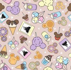 a pink background with lots of different types of candy and ice creams on it