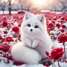 a white cat sitting in the middle of a field of flowers with snow on it