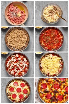 six different pizzas in pans with toppings on top and bottom, all ready to be cooked