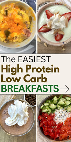 Four images of low carb, high protein breakfasts like eggs, pudding, cottage cheese. Bariatric Breakfast Ideas High Protein Low Carb, Glucose Regulation, Carbs Meals, Macro Foods, Low Carb Breakfasts, Low Carb Breakfast Ideas, High Protein Low Carb Breakfast, Best Vegan Protein Powder, High Protein Low Carb Diet