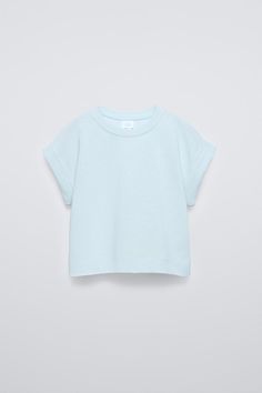 CUFFED SLEEVE T-SHIRT - Blue / Green | ZARA United States Summer T-shirt With Ribbed Neckline, Cotton Knit Top With Ribbed Neckline And Short Sleeves, Basic Short Sleeve Top With Ribbed Neckline For Spring, Spring Basic Short Sleeve Top With Ribbed Neckline, Relaxed Fit Knit Top With Ribbed Neckline Short Sleeve, Trendy Cotton Short Sleeve Knit Top, Cotton Relaxed Fit Short Sleeve Knit Top, Trendy Cotton Knit Top With Short Sleeves, Relaxed Fit Short Sleeve Cotton Knit Top