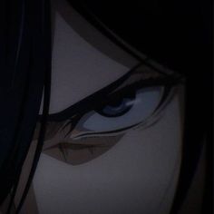 an anime character with long black hair and blue eyes looking at the camera while staring into the distance