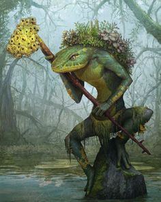 a painting of a frog holding a stick and wearing a crown with moss on it's head