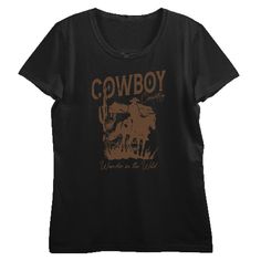 Channel your inner cowboy with this western-themed apparel featuring a big brown graphic of a cowboy galloping his horse through a desert scene—an eye-catching image that has been professionally printed for long-lasting print quality. Thoughtfully designed for comfort and style, this apparel is made of high-quality materials that make it perfect for all-day, everyday wear. And when it’s time for cleaning, simply machine wash it cold and tumble dry on low for effortless care. Black Western Style T-shirt For Rodeo, Desert Scene, Funny Horses, Cowboy Horse, Horse And Rider, Blue Horse, Sleeve Packaging, Matching Family Pajamas, Horse Rider