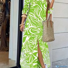 Orcajump - Floral Print Shirt Dress, Casual Button Long Sleeve Dress For Spring & Fall, Women's Clothing Casual Green V-neck Shirt Dress, Green V-neck Maxi Dress With Button Closure, Casual Green Long Sleeve Maxi Dress, Green Shirt Dress With Button Closure For Beach, Vacation Maxi Dress With Button Closure And Long Sleeves, Trendy Green Maxi Dress For Vacation, Long Sleeve Maxi Dress With Buttons For Vacation, Casual Printed Button-up Shirt Dress, Casual Green Shirt Dress For Vacation